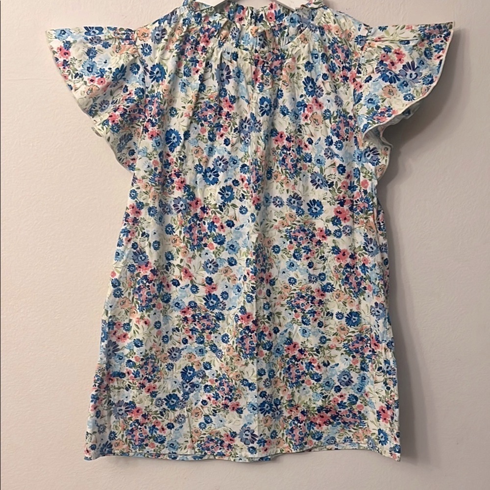 First Love Blue and Pink Ruffled Peter Pan Collar Blouse pit to pit 20” lgth 27”